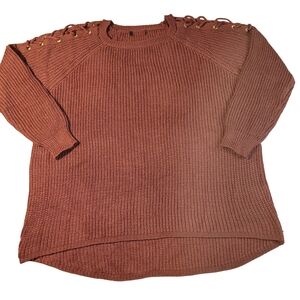 Rust Lace-up Shoulder Crew Neck Loose Weave Knit Sweater Size Large